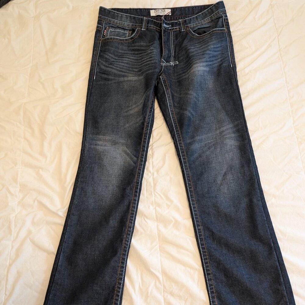 Postage Men’s Jeans 34x32 Dark Wash Straight Fit Distressed Hem NWOT